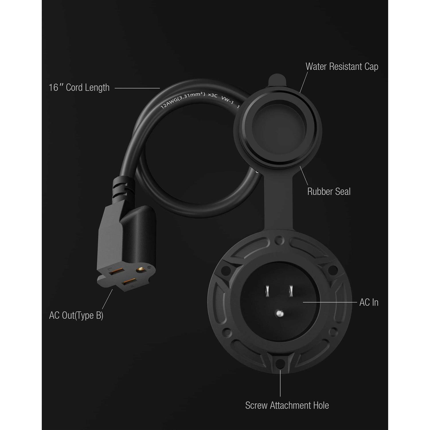 stio 15 Amp AC Port Plug, 125 Volt AC Power Inlet Socket with 16 Inch Extension Cord and Watertight Cap - Image 2