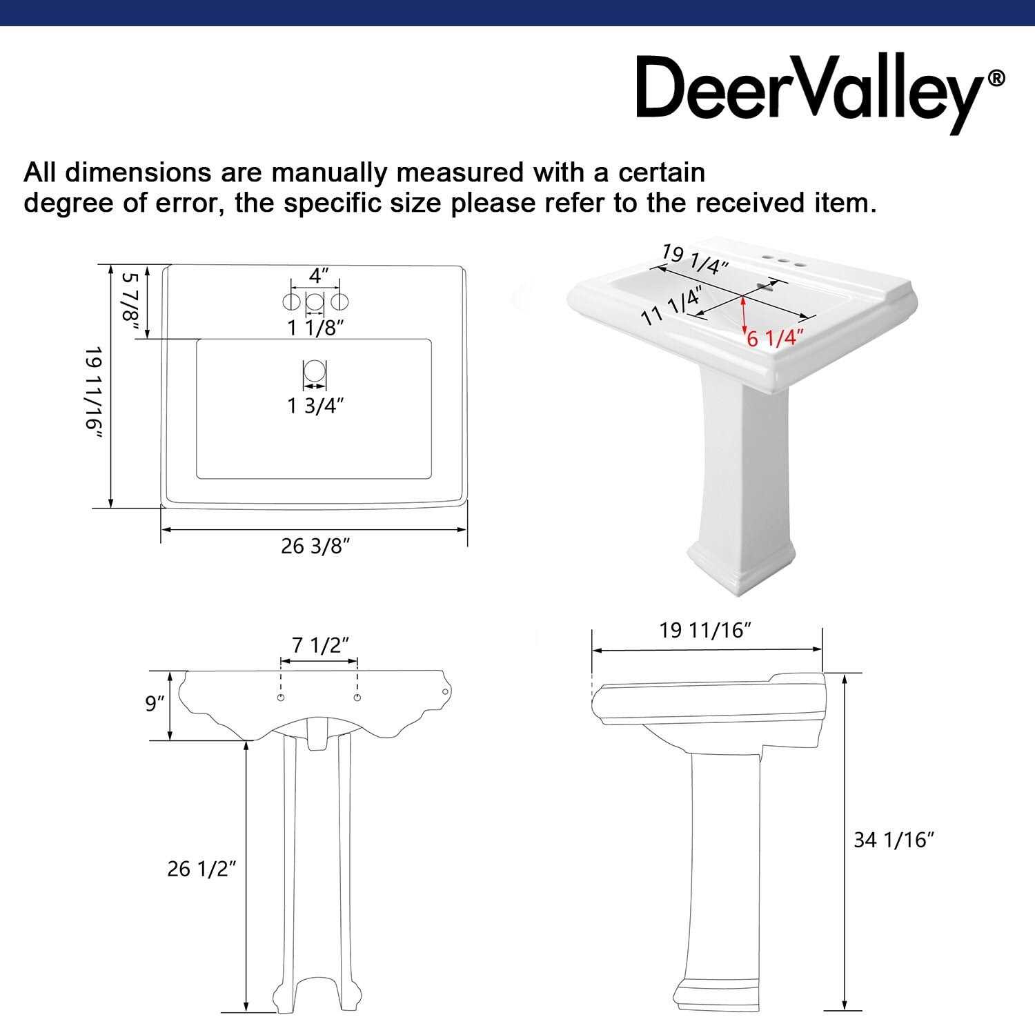 DeerValley DV-1P521 Apex 26 X 20 White Ceramic Rectangular Pedestal Bathroom Sink With Overflow - Image 3