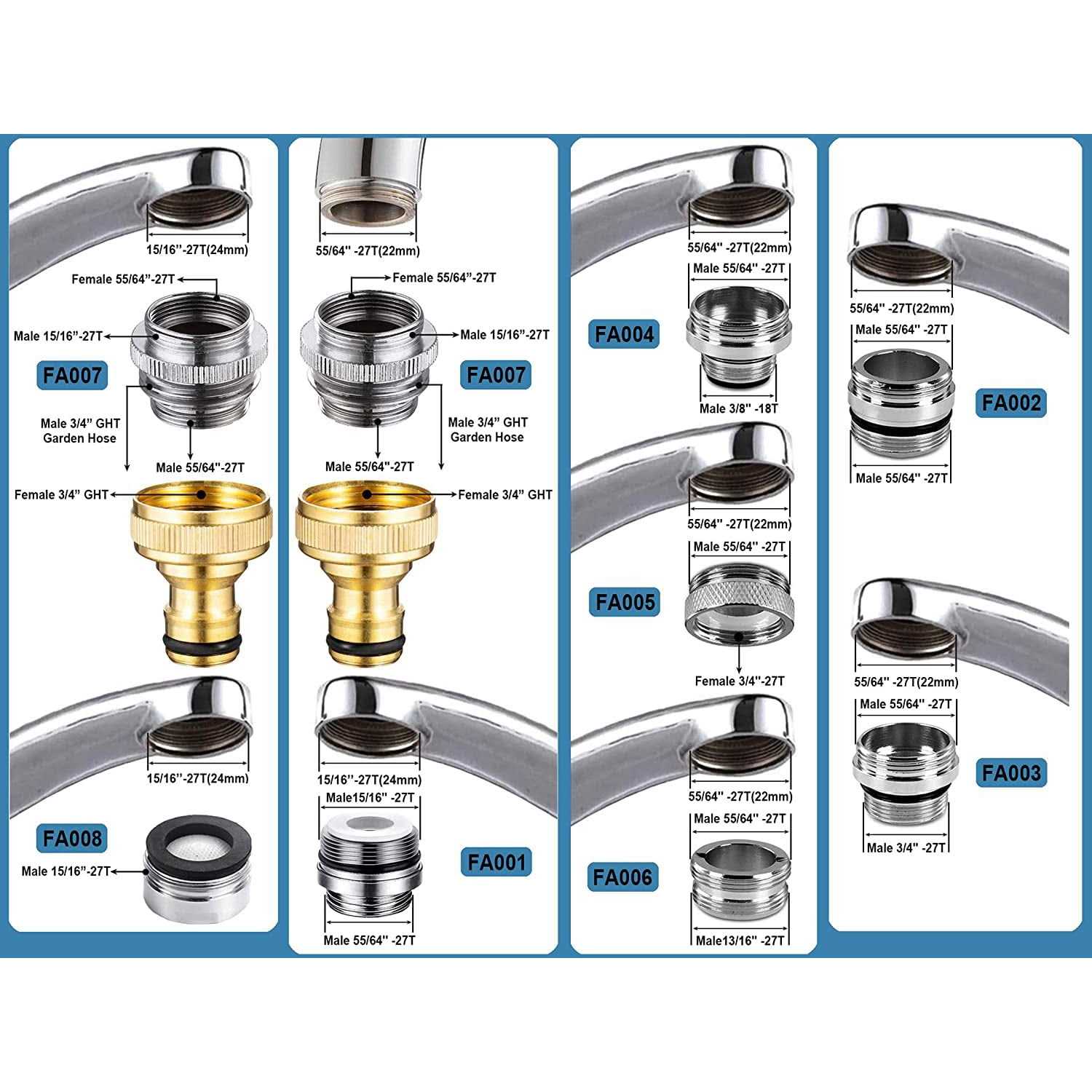 ExcelFu 9 Pieces Faucet Adapter Kit Brass Aerator Adapter Male Female Kitchen Sink Faucet Adapter to Garden Hose - Image 3