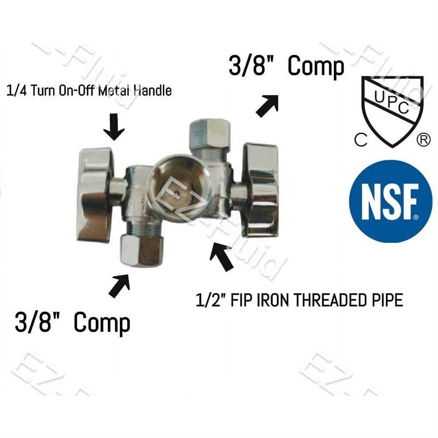 EZ-Fluid 1/2FIP Iron Pipe x 3/8 OD Comp x 3/8 OD Comp Dual Handle 3 Way Angle Stop Water Shutoff Ball Valve - Image 4